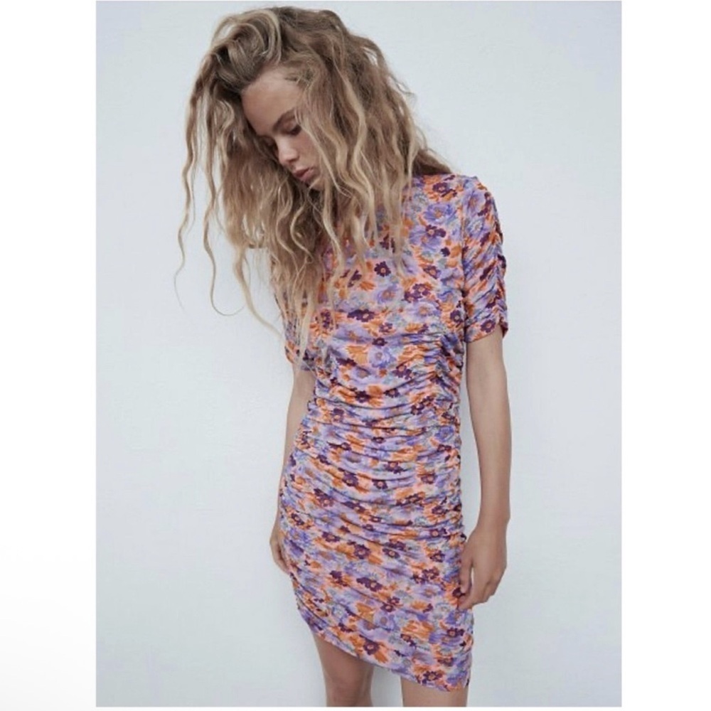 Zara Purple Print Ruched Mini Dress - Picture 5 of 17
